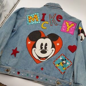 Vtg MICKEY & Co Disney Denim Jacket Mickey Mouse Unisex L 90s Patchwork‎ Jewels